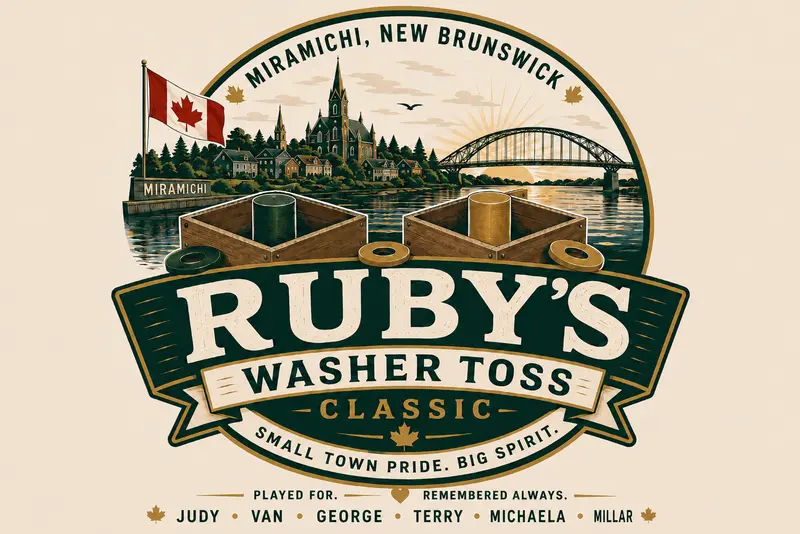 Ruby's Washer Toss Classic badge: the Miramichi riverfront and bridge, washer boxes, the Canadian flag, and the line Played for, remembered always: Judy, Van, George, Terry, Michaela, Millar