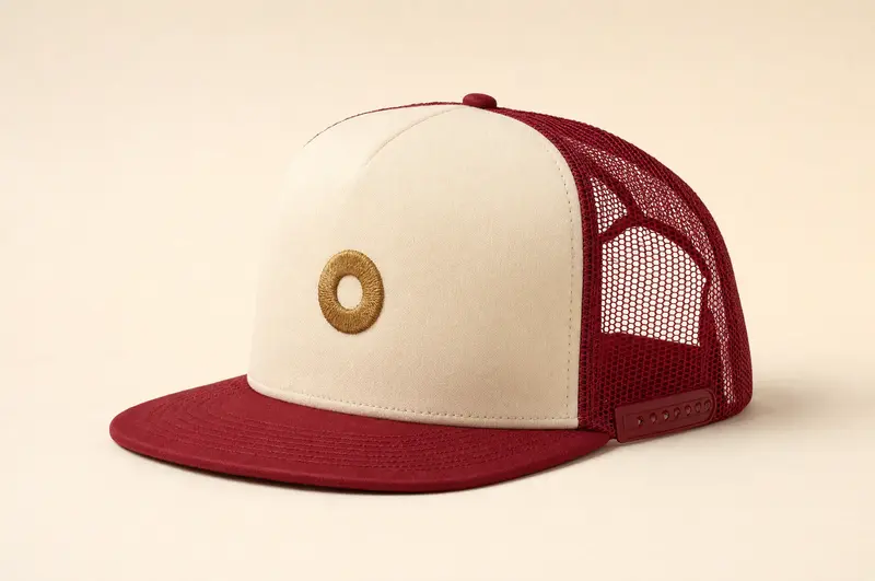 Mockup of the camp hat: cream foam front with an embroidered brass washer ring, ruby mesh back
