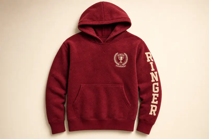 Mockup of the deep ruby Ringer hoodie: crest over the heart, RINGER down the sleeve in cream slab letters