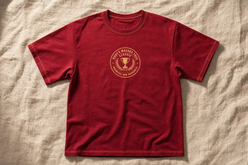 Mockup of the ruby-red official tee with the cream tournament crest on the chest, flat on cream linen